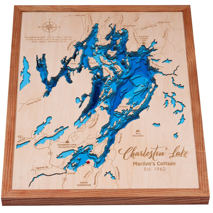 Experience the intricate topography of the 3D Wooden Charleston Lake Map, a unique piece of Charleston Lake Wooden Map Wall Art by Moc Tho