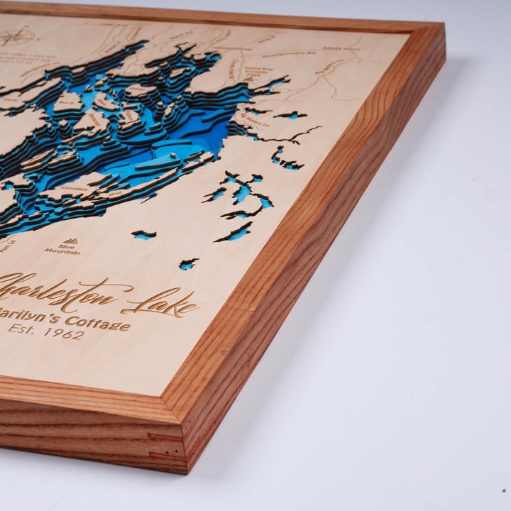 Admire the intricate topography of the 3D Wooden Charleston Lake Map, a unique piece of Charleston Lake Wooden Map Wall Art by Moc Tho