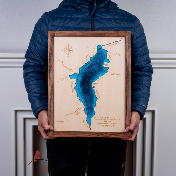 Delve into the depth and detail of the Chazy Lake with our 3D wooden map, a masterpiece by Moc Tho