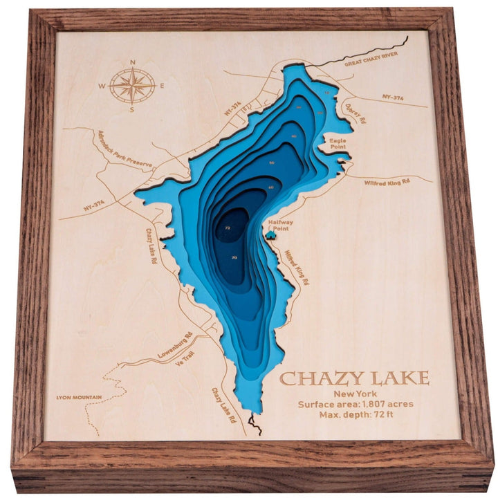 Discover the detailed topography of Chazy Lake with our 3D wooden map, beautifully crafted by Moc Th