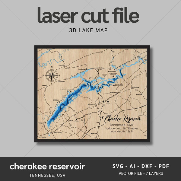 Cherokee Reservoir, Tennessee Laser Map Files - 7 Layers - Svg/Ai/Dxf/Pdf