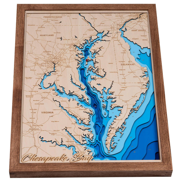 Chesapeake Bay 3D Wooden Map - Blue - Coffee - 7 Layers