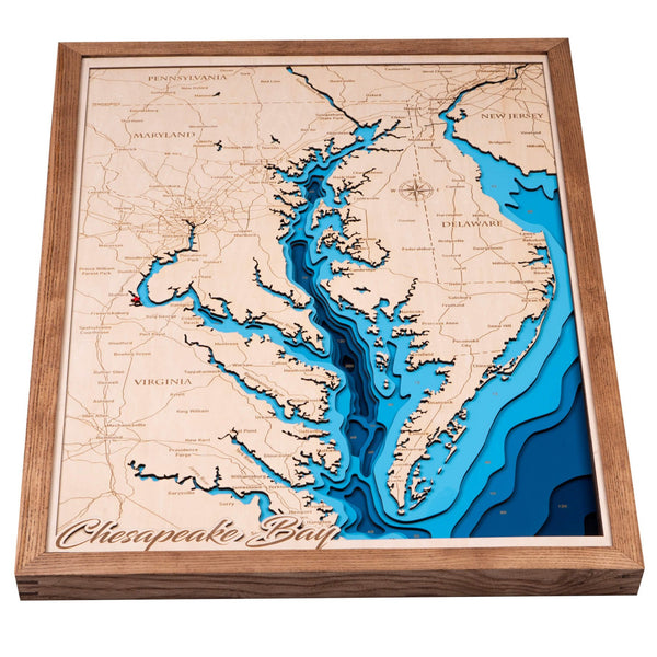 Chesapeake Bay 3D Wooden Map - Dark Blue - Coffee - 7 Layers