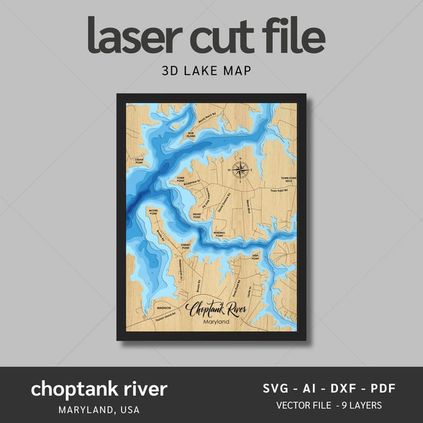 Choptank River, Maryland Laser Map Files - 9 Layers - Svg/Ai/Dxf/Pdf