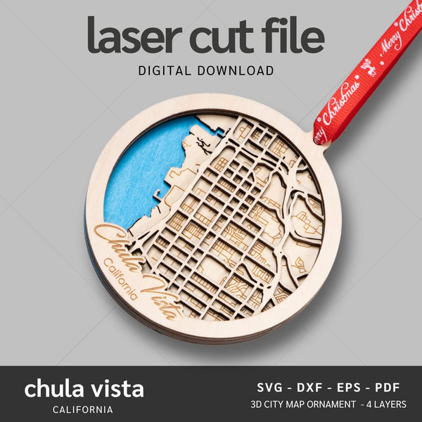 Chula Vista, CA City Map Ornaments Files - 4 Layers - Svg/Ai/Dxf/Pdf