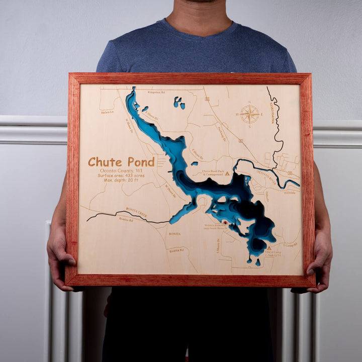 Experience the intricate craftsmanship of the Chute Pond 3D wooden map, meticulously handcrafted by Moc Tho