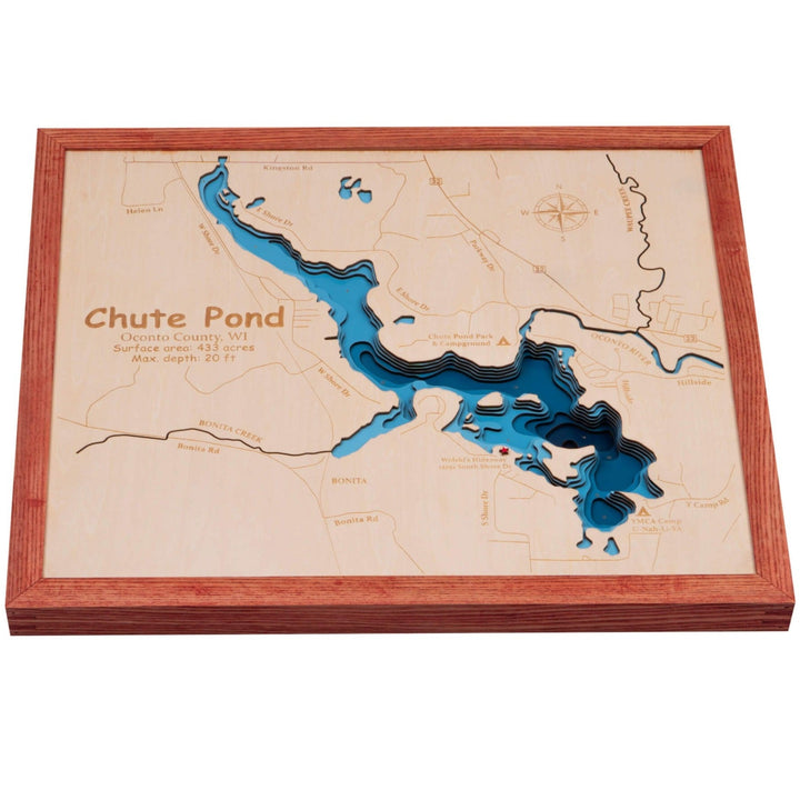 Experience the intricate details of the Chute Pond 3D wooden map, handcrafted by Moc Tho, showcasing detailed topography and water depths