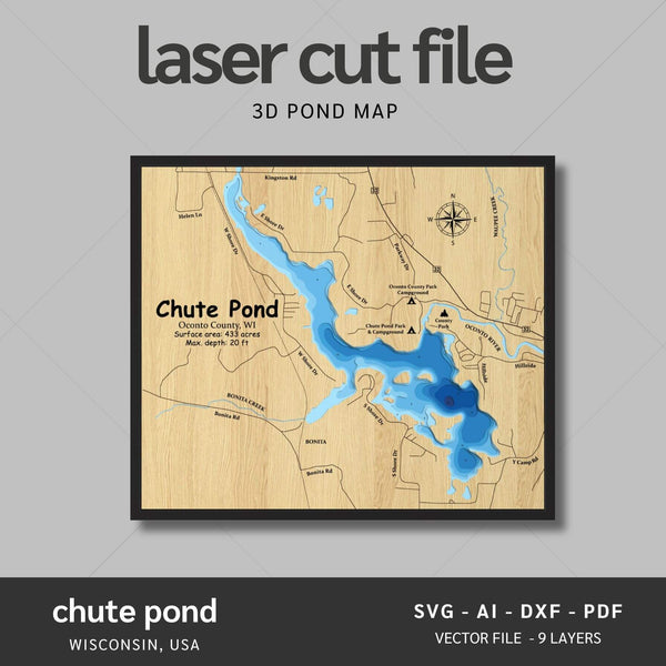 Chute Pond, Wisconsin Laser Map Files - 9 Layers - Svg/Ai/Dxf/Pdf