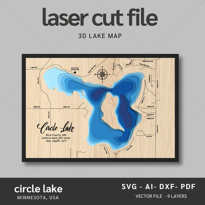 Intricate Circle Lake 3D Laser Cut Map Files with personalization options, presented by Moc Tho