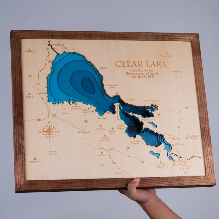 Handcrafted Clear Lake 3D wooden map with intricate details by Moc Tho