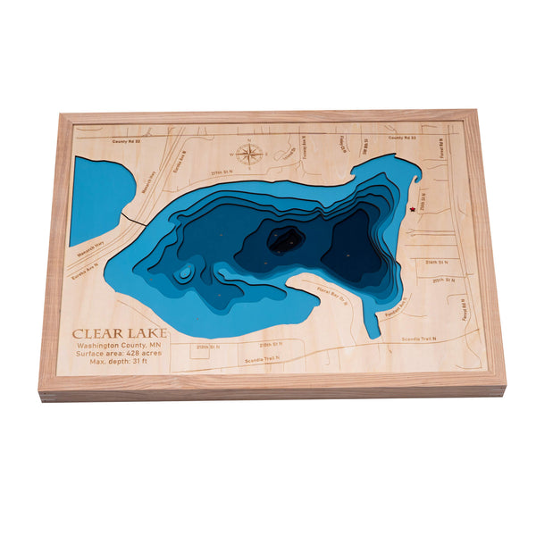 Clear Lake, MN 3D Wooden Map – Blue – 9 Layers