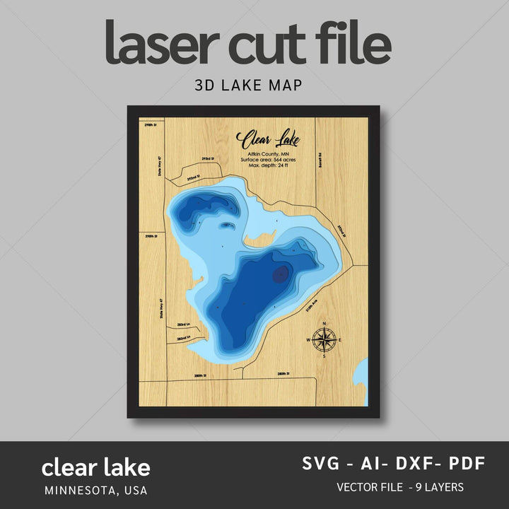 Intricate Clear Lake 3D Laser Cut Map Files with personalization options, presented by Moc Tho