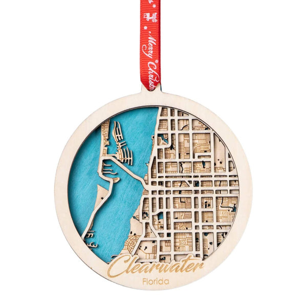 Clearwater, FL 3D Wooden City Map Ornament – 4.5’’x4’’ - Blue