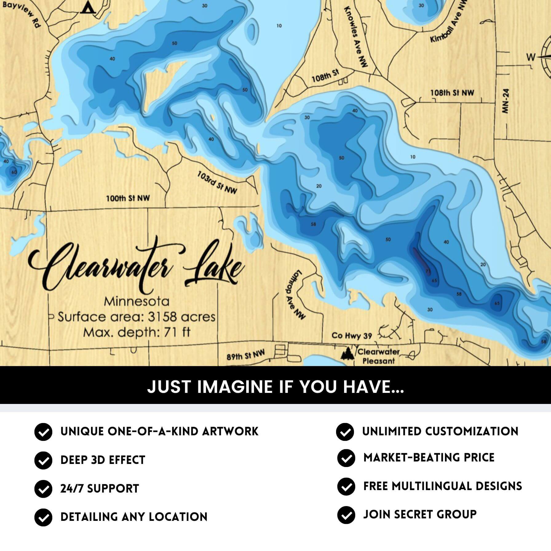 Clearwater Lake, Minnesota Laser Map Files - 9 Layers - Svg/Ai/Dxf