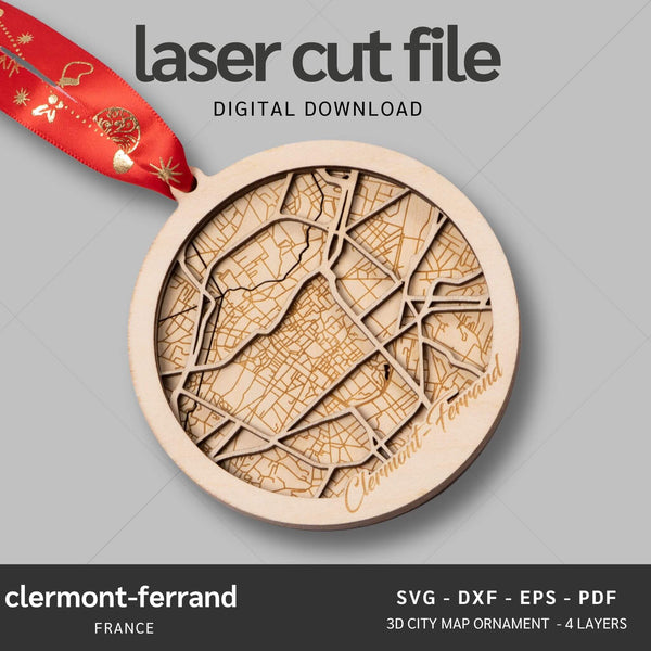 Clermont-Ferrand, France City Map Ornaments Files - 4 Layers - Svg/Ai/Dxf/Pdf