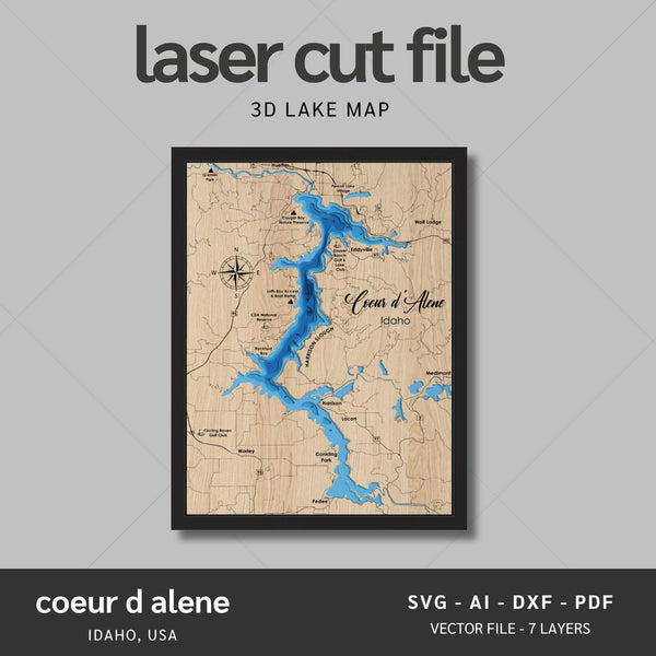 Coeur d Alene, Idaho Laser Map Files - 7 Layers - Svg/Ai/Dxf/Pdf