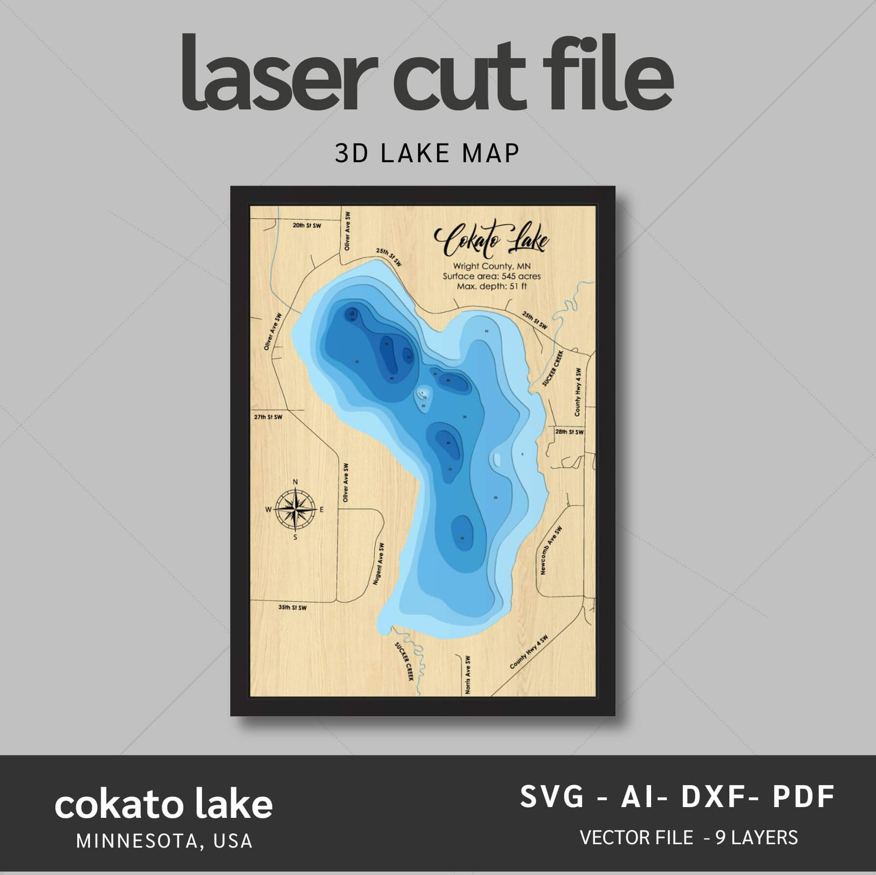 Cokato Lake, Minnesota Laser Map Files - 9 Layers - Svg/Ai/Dxf/Pdf ...