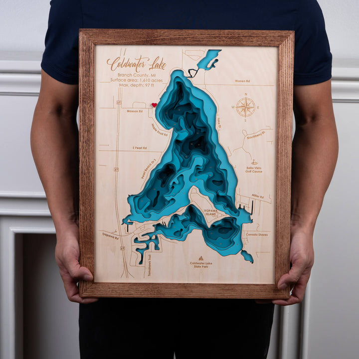 Explore the intricate topography with our Coldwater Lake 3D wooden map, a unique handcrafted piece by Moc Tho