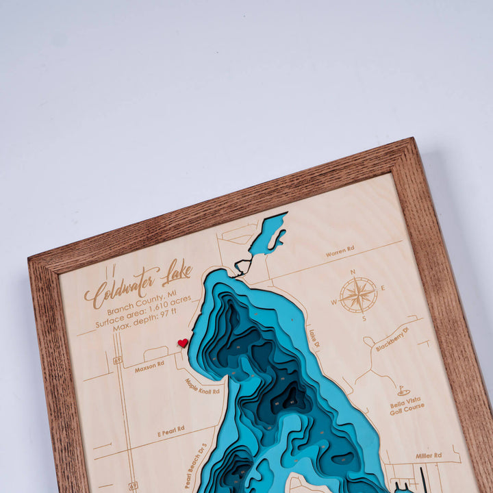 Discover the unique topography of Coldwater Lake with our 3D wooden map, meticulously crafted by Moc Tho