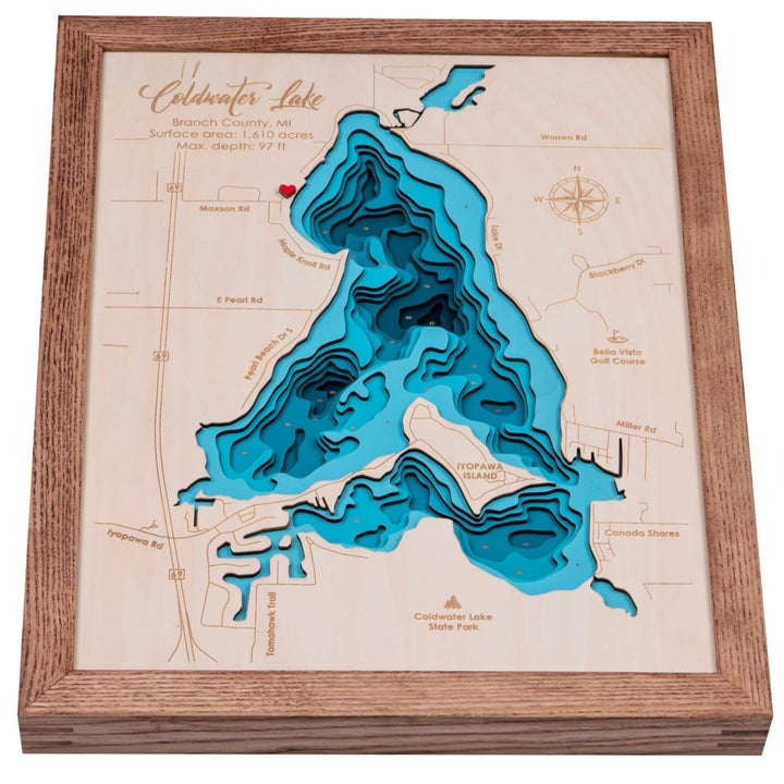 Experience the intricate details of the Coldwater Lake 3D wooden map, a captivating piece of art from Moc Tho