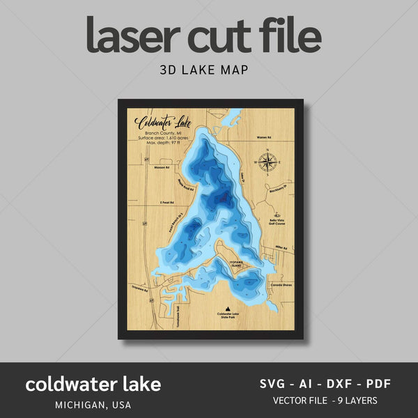 Coldwater Lake, Michigan Laser Map Files - 9 Layers - Svg/Ai/Dxf/Pdf