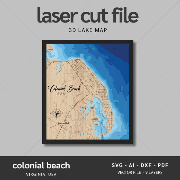 Colonial Beach, Virginia Laser Map Files - 9 Layers - Svg/Ai/Dxf/Pdf