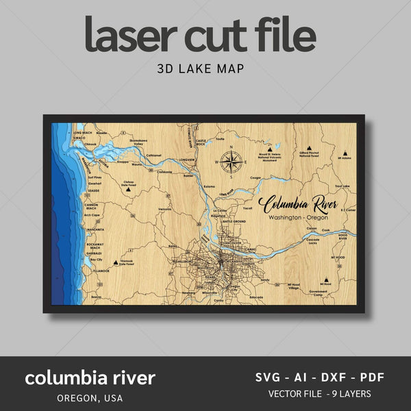 Columbia River, Oregon Laser Map Files - 9 Layers - Svg/Ai/Dxf/Pdf