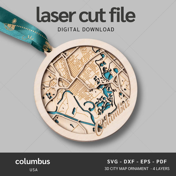 Columbus, Mississippi USA City Map Ornaments Files - 4 Layers - Svg/Ai/Dxf/Pdf