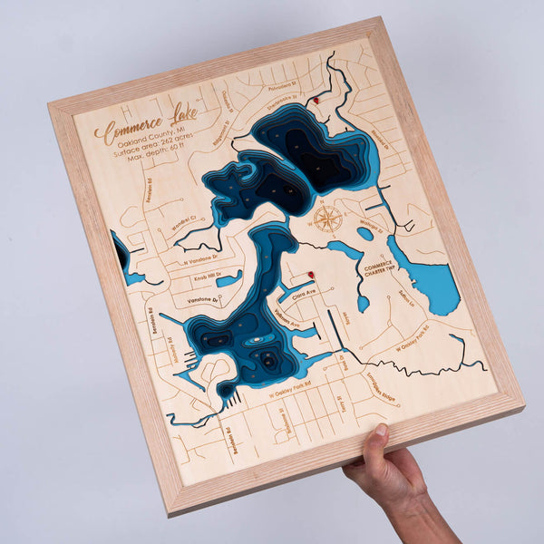 Commerce Lake Map, Michigan - Personalized 3D Wooden Map - Depth Map Wall Art - Nautical Decor for Lake House