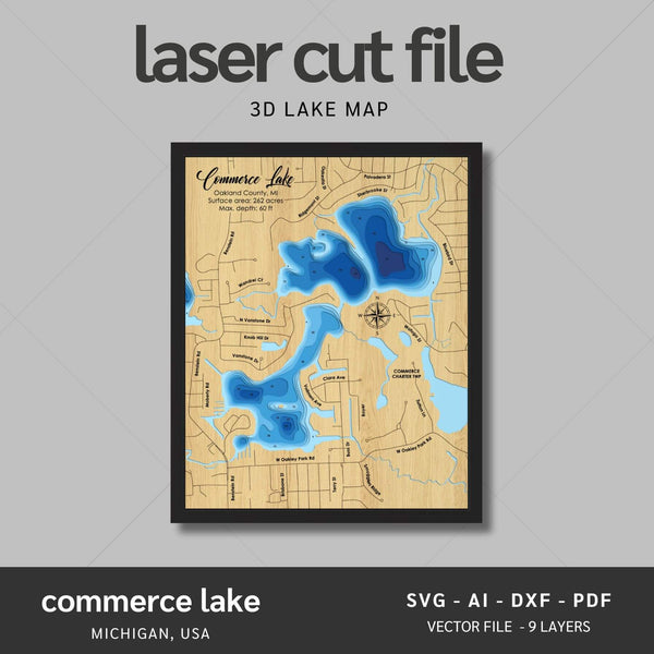 Commerce Lake, Michigan Laser Map Files - 9 Layers - Svg/Ai/Dxf/Pdf