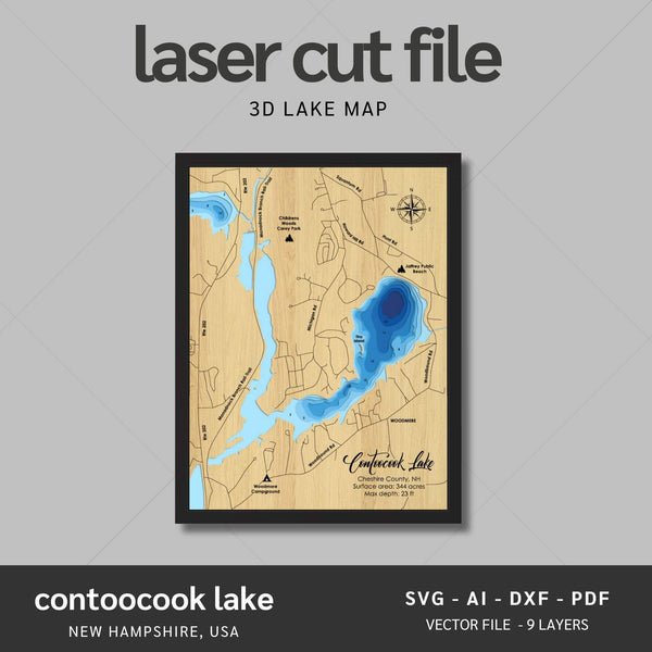 Contoocook Lake, New Hampshire Laser Map Files - 9 Layers- Svg/Ai/Dxf/Pdf