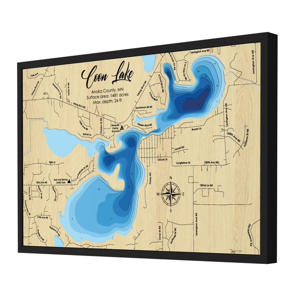 Coon Lake Map, Minnesota - Personalized 3D Wooden Map - Depth Map Wall Art - Nautical Decor for Lake House