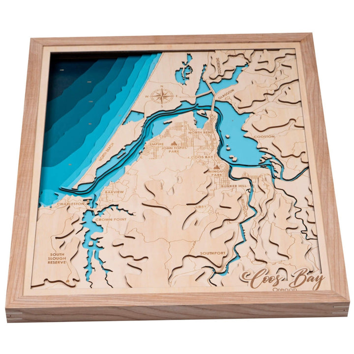 Experience the intricate layers and etchings of the Coos Bay 3D wooden map, a perfect decor piece by Moc Tho