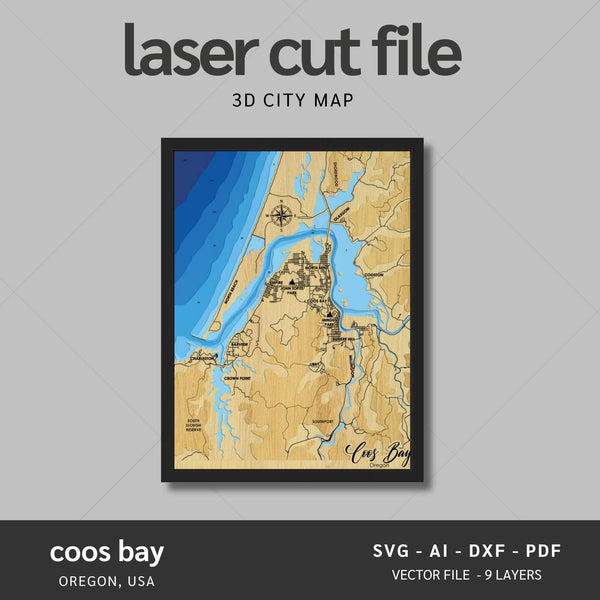 Coos Bay, Oregon Laser Map Files - 9 Layers - Svg/Ai/Dxf/Pdf