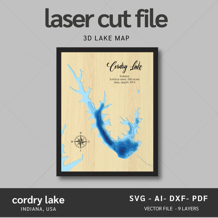 Intricate Cordry Lake 3D Laser Cut Map Files with personalization options, presented by Moc Tho