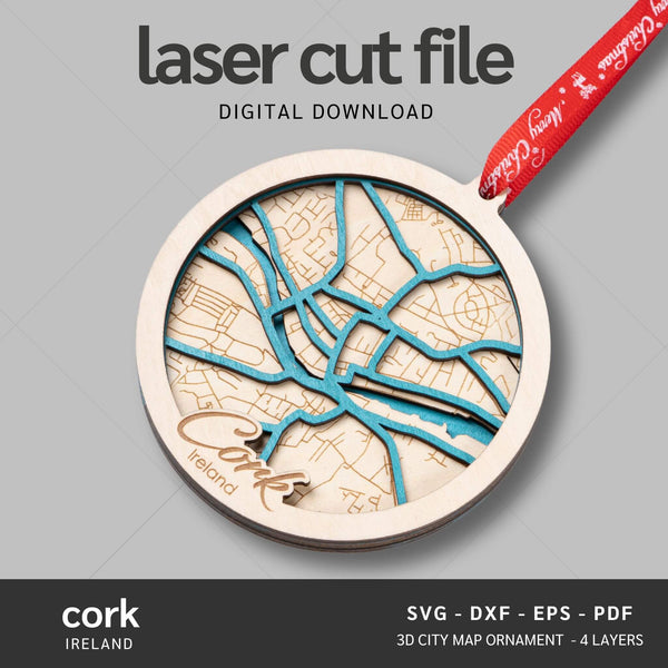 Cork, Ireland City Map Ornaments Files - 4 Layers - Svg/Ai/Dxf/Pdf