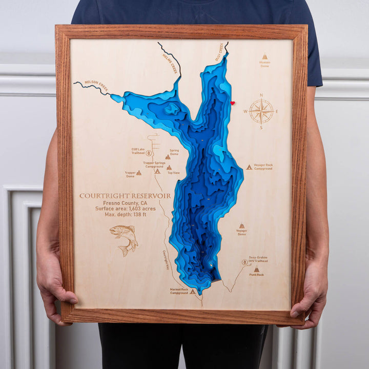 Explore the detailed topography and bathymetry of the Courtright Reservoir 3D wooden map, handcrafted by Moc Tho