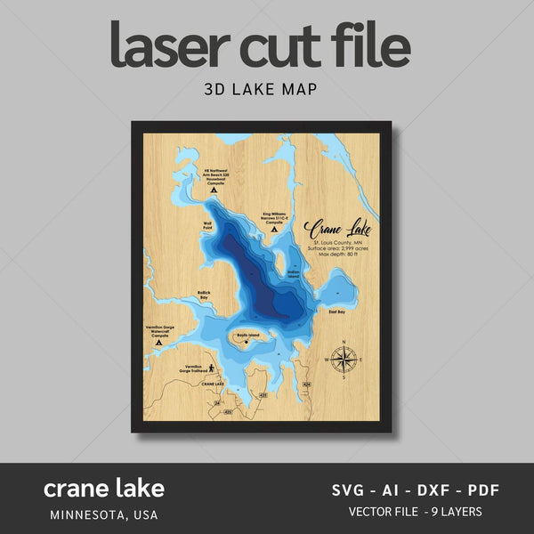 Crane Lake, Minnesota Laser Map Files - 9 Layers - Svg/Ai/Dxf/Pdf