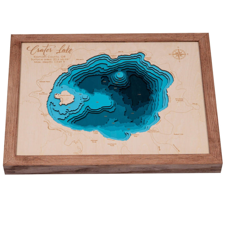 Experience the depth and contours of the Crater Lake 3D wooden map, a unique piece of wall art by Moc Tho