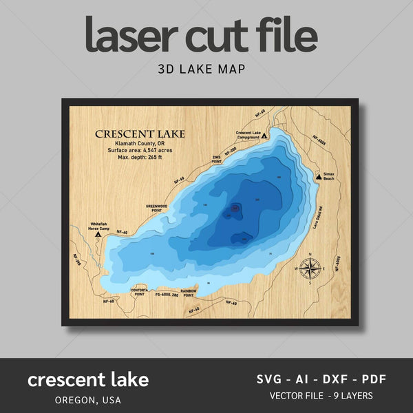 Crescent Lake, Oregon Laser Map Files - 9 Layers - Svg/Ai/Dxf/Pdf