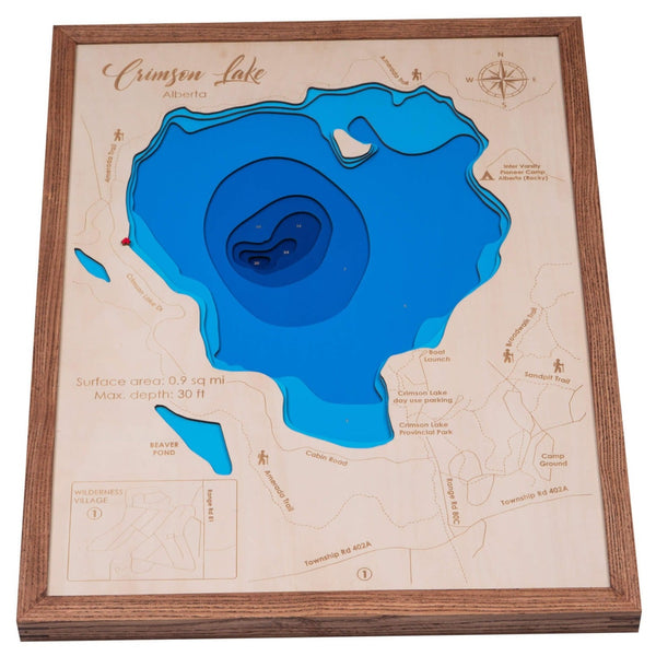 Experience the intricate topography of the Crimson Lake 3D Wooden Nautical Map, a unique piece of home decor by Moc Tho