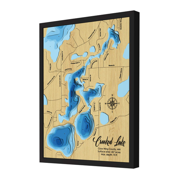 Crooked Lake Map, Minnesota - Personalized 3D Wooden Map - Depth Map Wall Art - Nautical Decor for Lake House