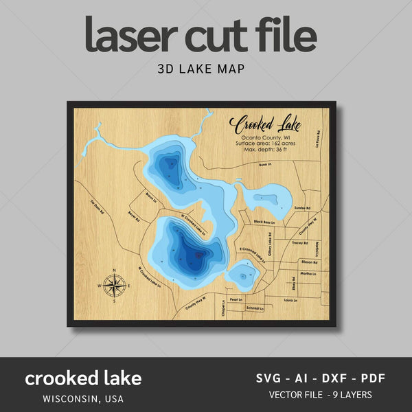 Crooked Lake, Wisconsin Laser Map Files - 9 Layers - Svg/Ai/Dxf/Pdf