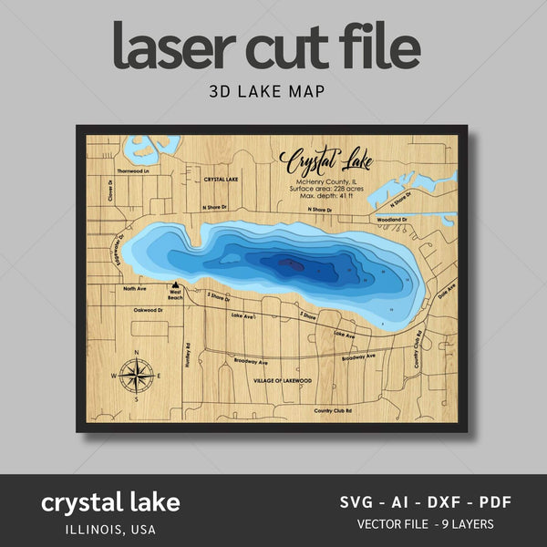 Crystal Lake, Illinois Laser Map Files - 9 Layers - Svg/Ai/Dxf/Pdf