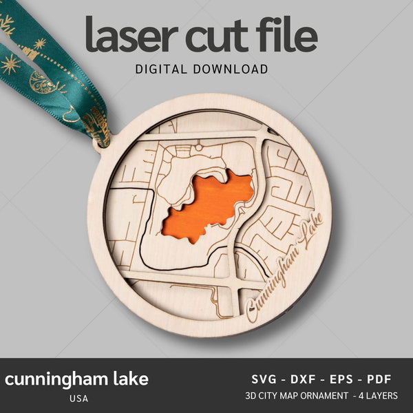 Cunningham Lake, USA Map Ornaments Files - 4 Layers - Svg/Ai/Dxf/Pdf