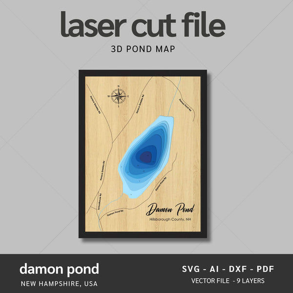 Damon Pond, New Hampshire Laser Map Files - 9 Layers - Svg/Ai/Dxf/Pdf