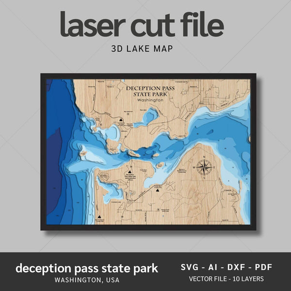 Deception Pass State Park, Washington Laser Map Files - 10 Layers - Svg/Ai/Dxf/Pdf