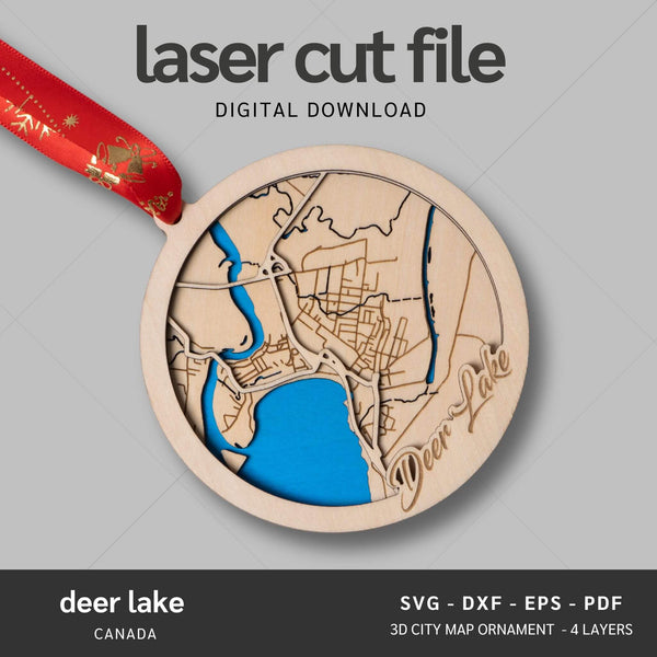 Deer Lake, Canada Map Ornaments Files - 4 Layers - Svg/Ai/Dxf/Pdf