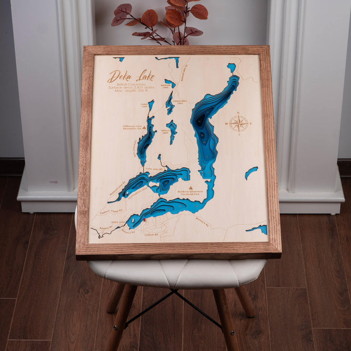 3D Wooden Deka Lake Map displayed on an easel, showcasing intricate topography, by Moc Tho