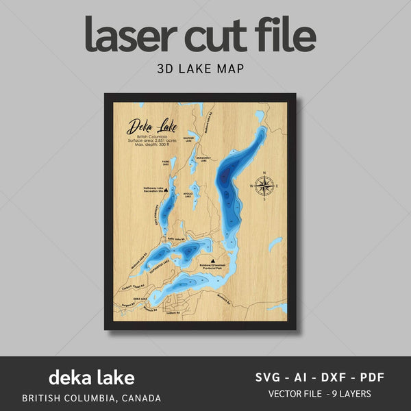 Deka Lake, British Columbia Laser Map Files - 9 Layers - Svg/Ai/Dxf/Pdf